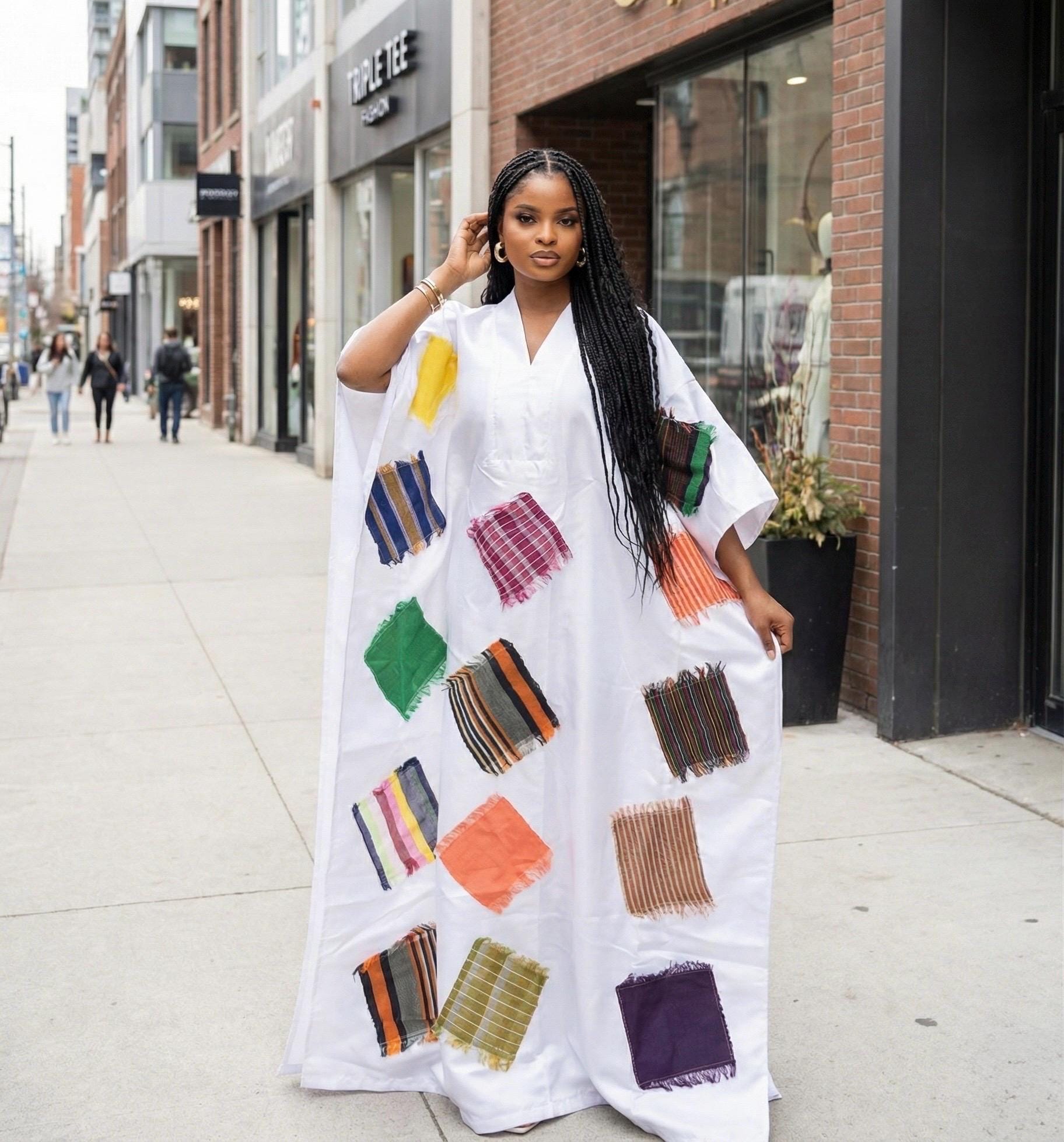 African Luxury Mikado Boubou with Aso-Oke Patchwork – One Size Fits All| White Dress