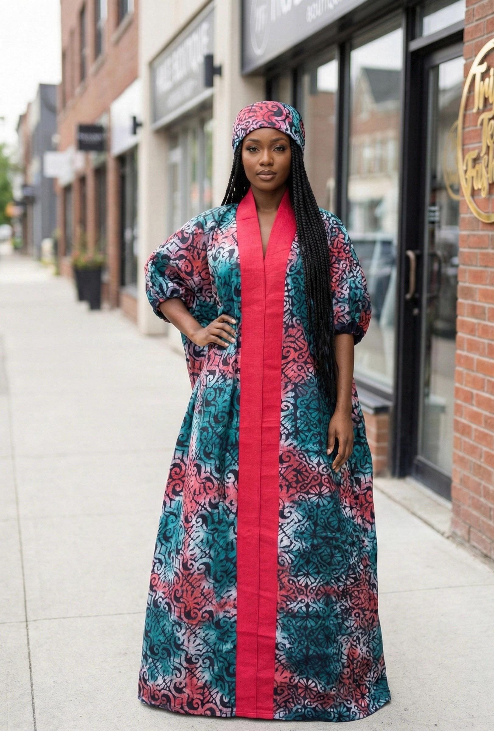African Adire Batik Boubou Dress | Handmade Kaftan with Inner Belt