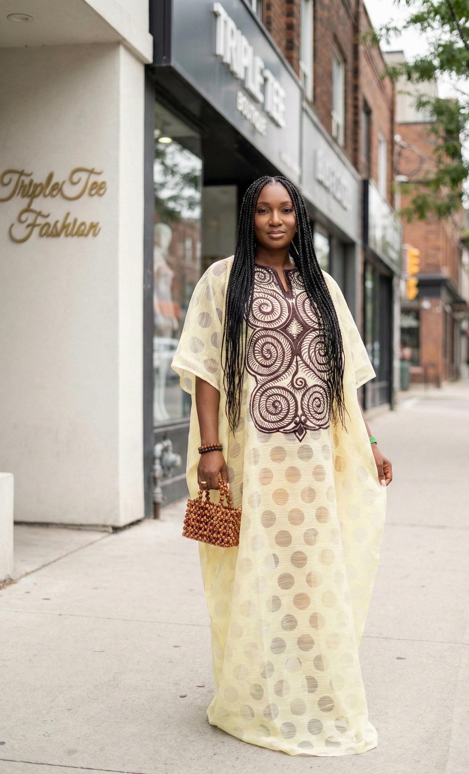 African Print Kaftan Dress | Organza Boubou, Scarf Included