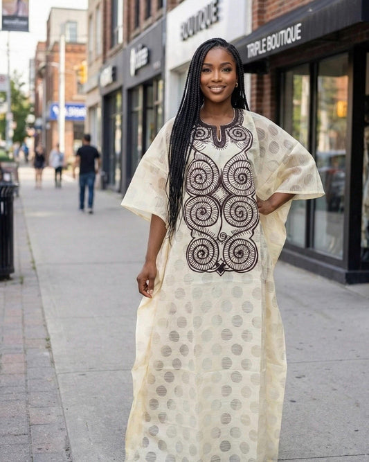 African Print Kaftan Dress | Organza Boubou, Scarf Included