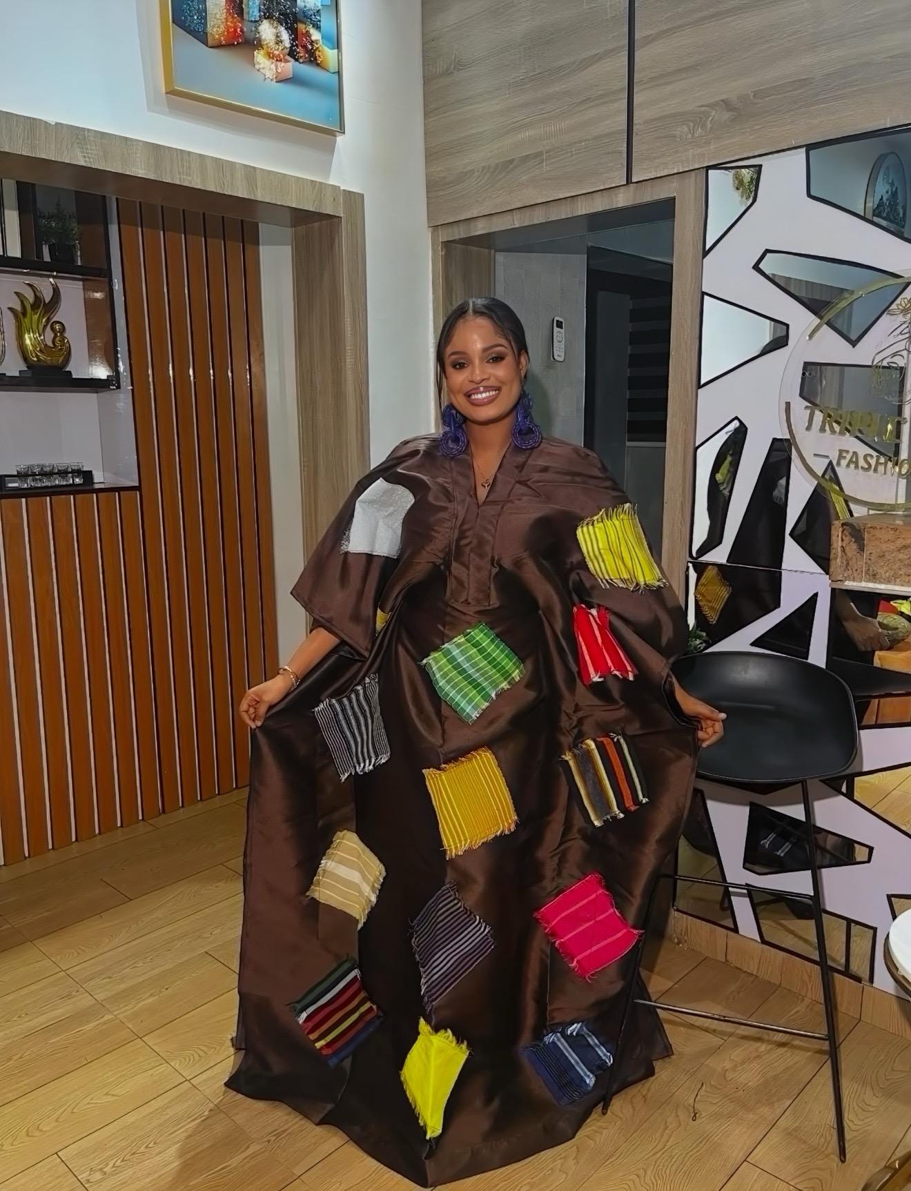 African Luxury Mikado Boubou with Aso-Oke Patchwork – One Size Fits All| Chocolate Brown Dress