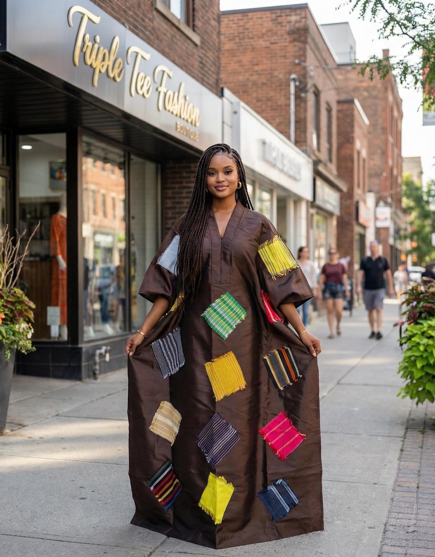 African Luxury Mikado Boubou with Aso-Oke Patchwork – One Size Fits All| Chocolate Brown Dress
