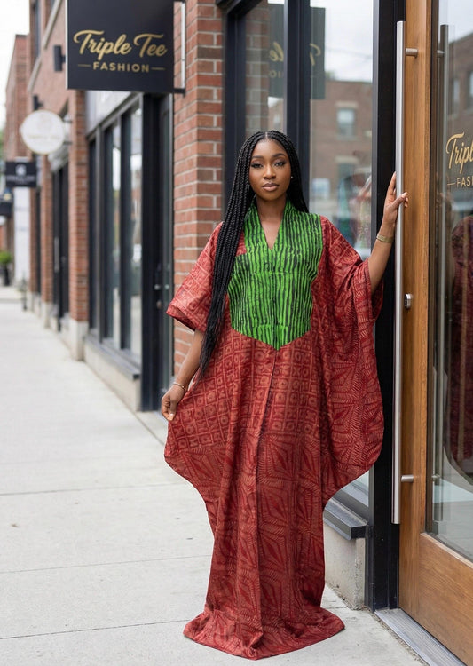 Handmade Adire Cotton Kaftan Dress | Nigerian Boubou with Head Scarf