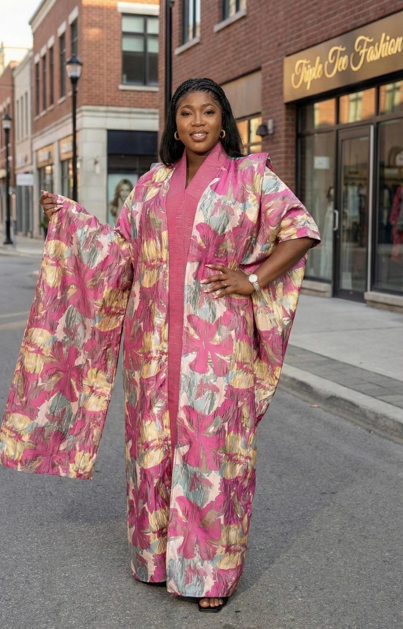Floral Brocade Boubou Dress | African Kaftan, Party Gown w/ Scarf