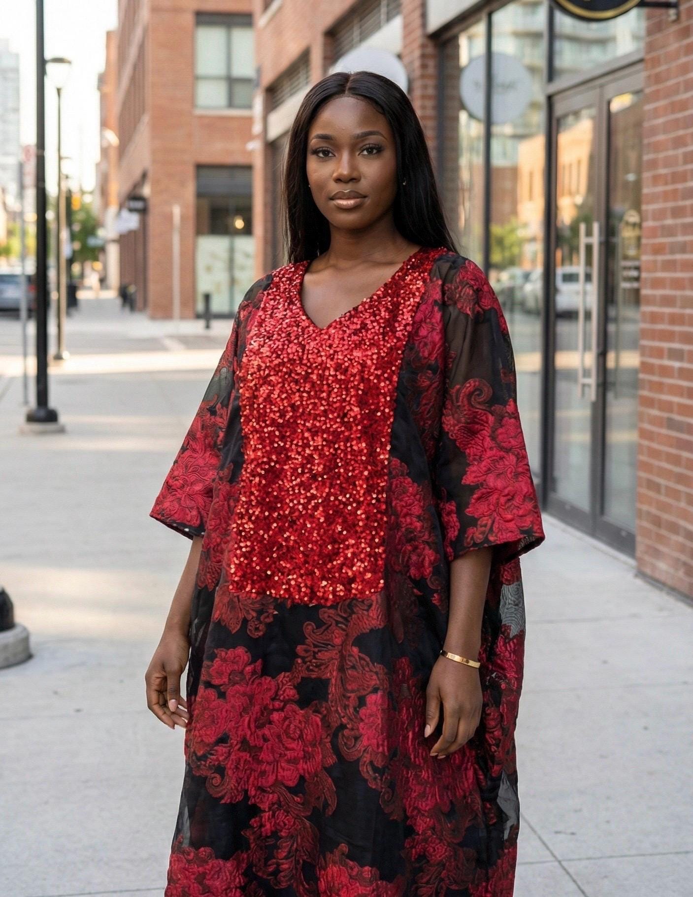 Brocade Organza African Boubou Dress | Matching Headband