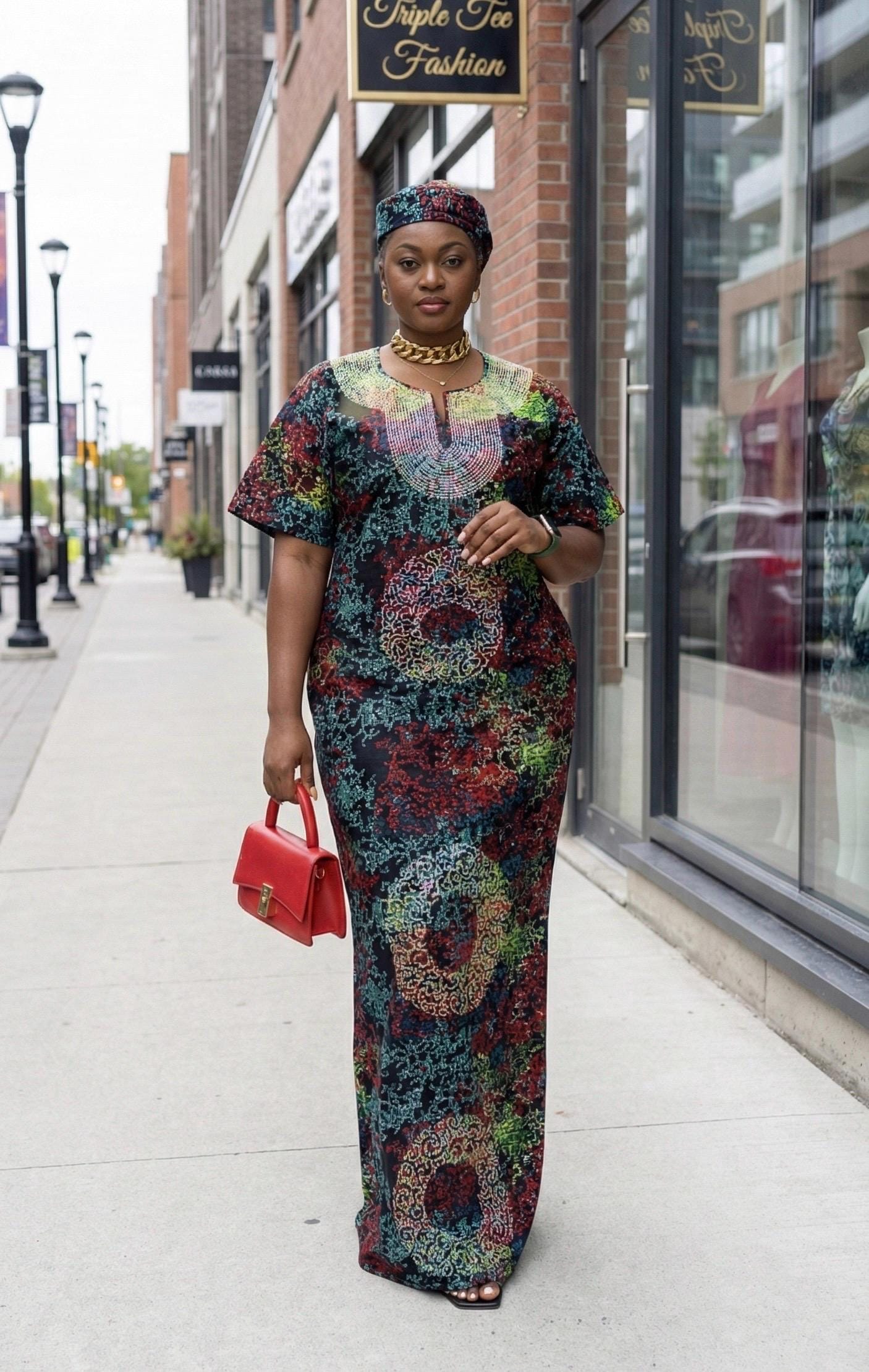 African Ankara Boubou Dress | Crystal Detail Kaftan with Cap