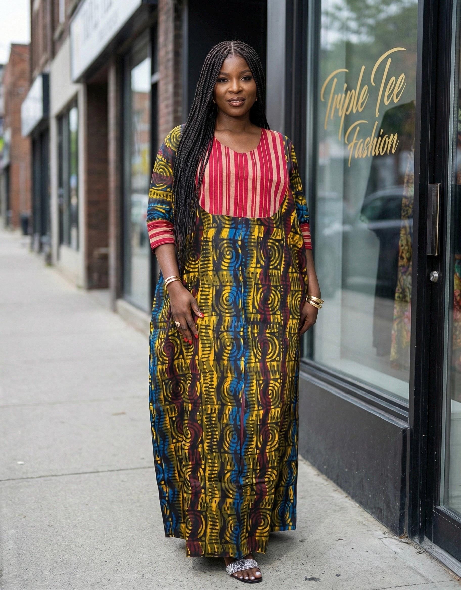 Handmade African Print Adire Batik Boubou | Nigerian Kaftan Dress