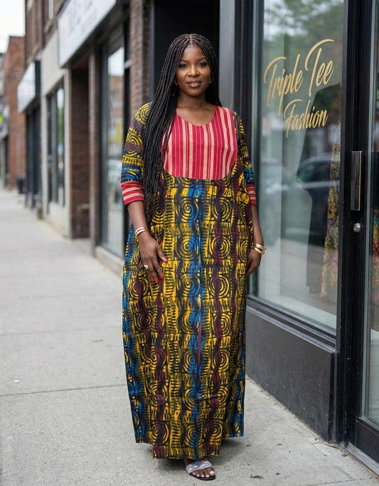 Handmade African Print Adire Batik Boubou | Nigerian Kaftan Dress