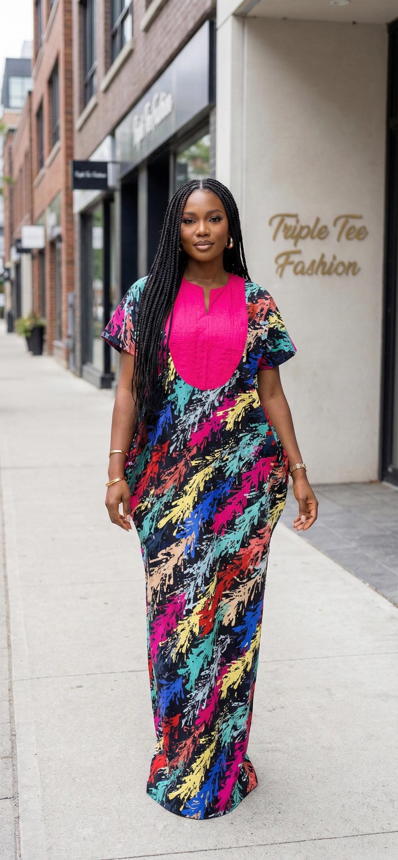 Handmade Ankara Boubou Dress | African Kaftan with Headtie