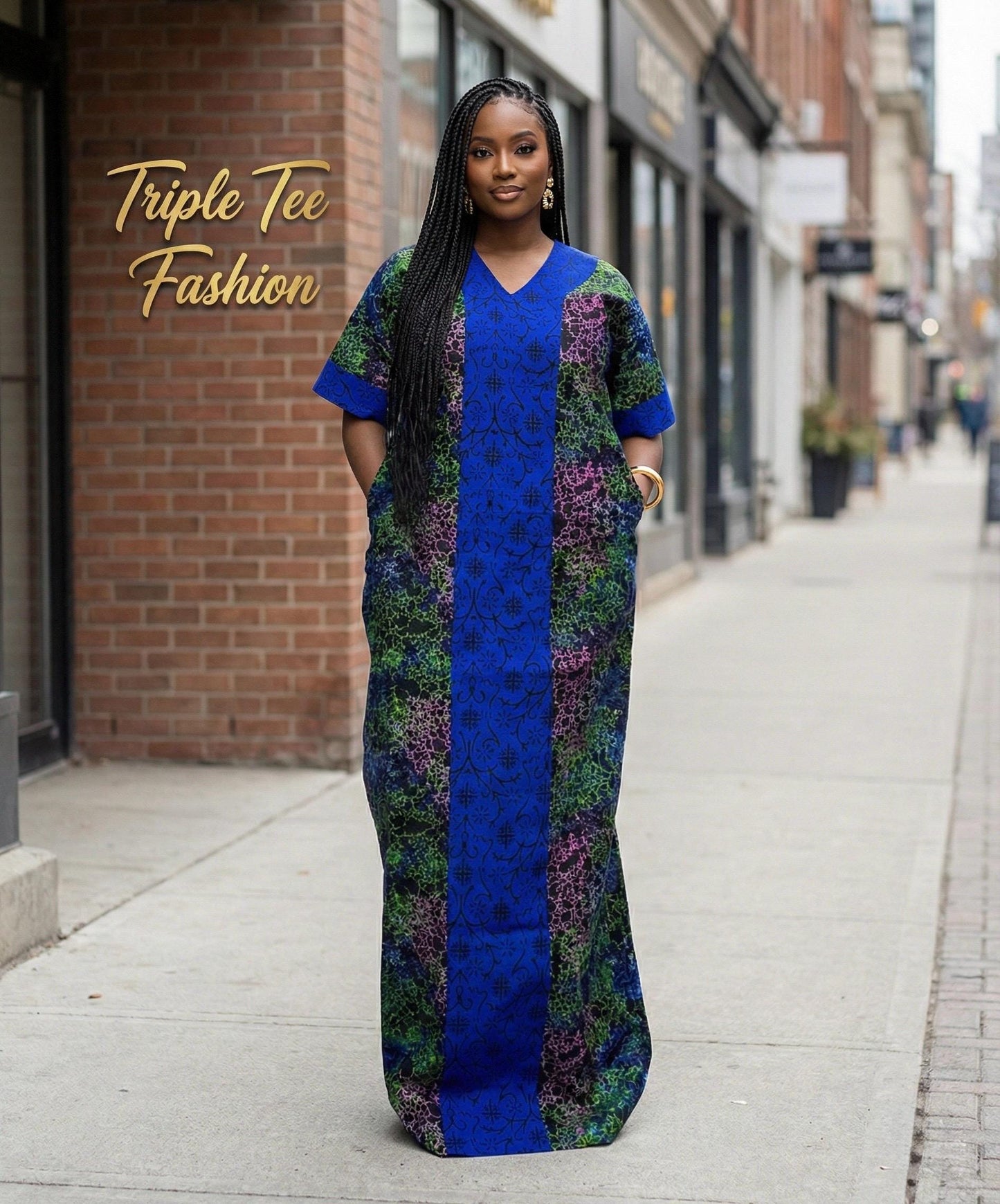 African Ankara Maxi Dress | Embroidered Cotton Kaftan with Matching Cap