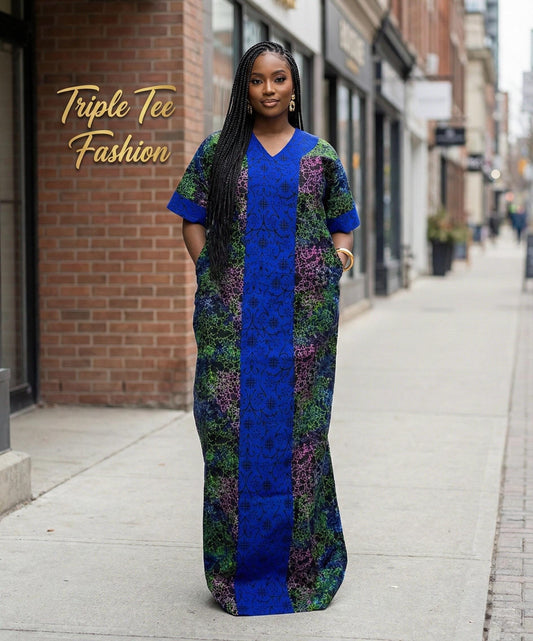 African Ankara Maxi Dress | Embroidered Cotton Kaftan with Matching Cap