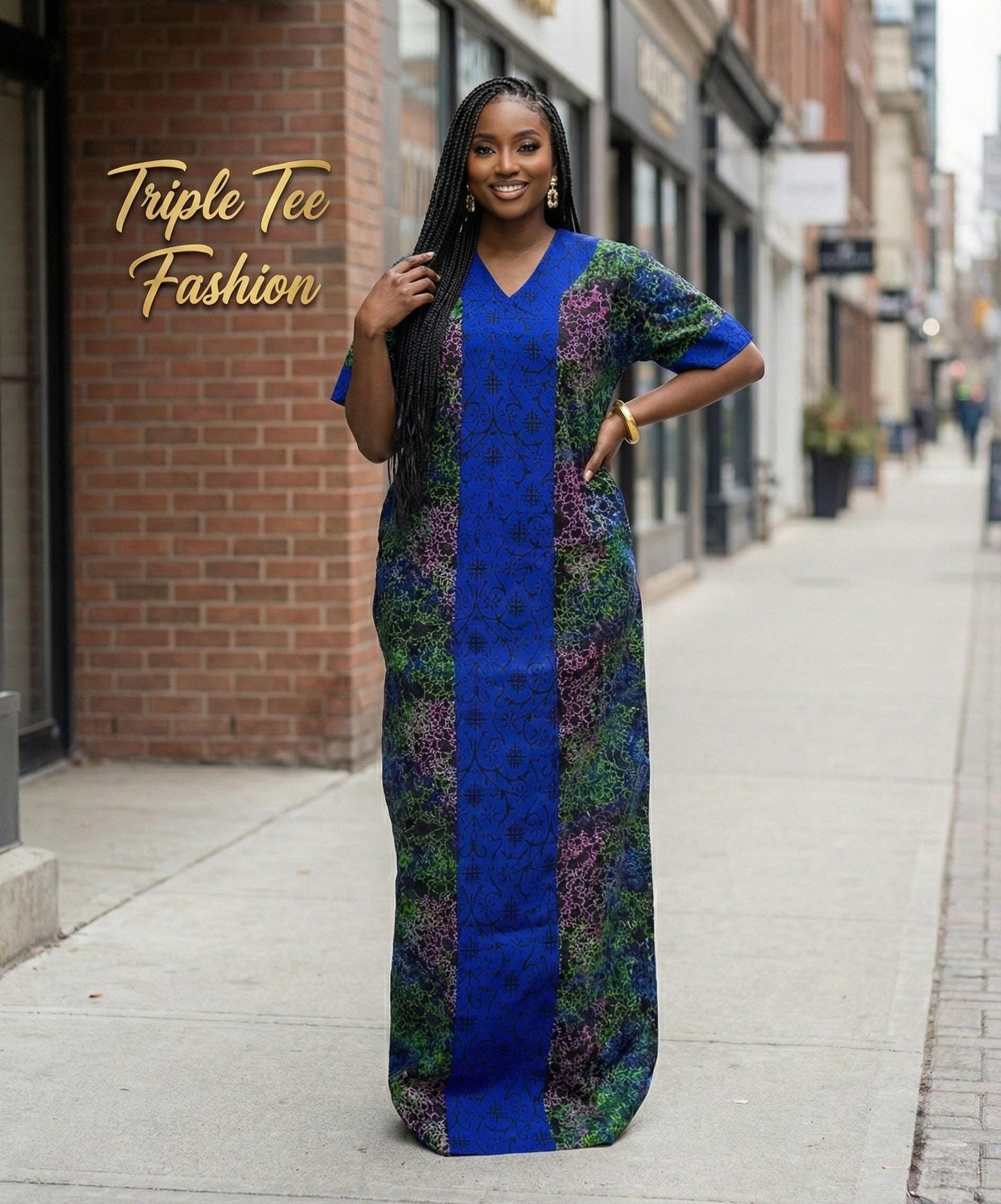 African Ankara Maxi Dress | Embroidered Cotton Kaftan with Matching Cap