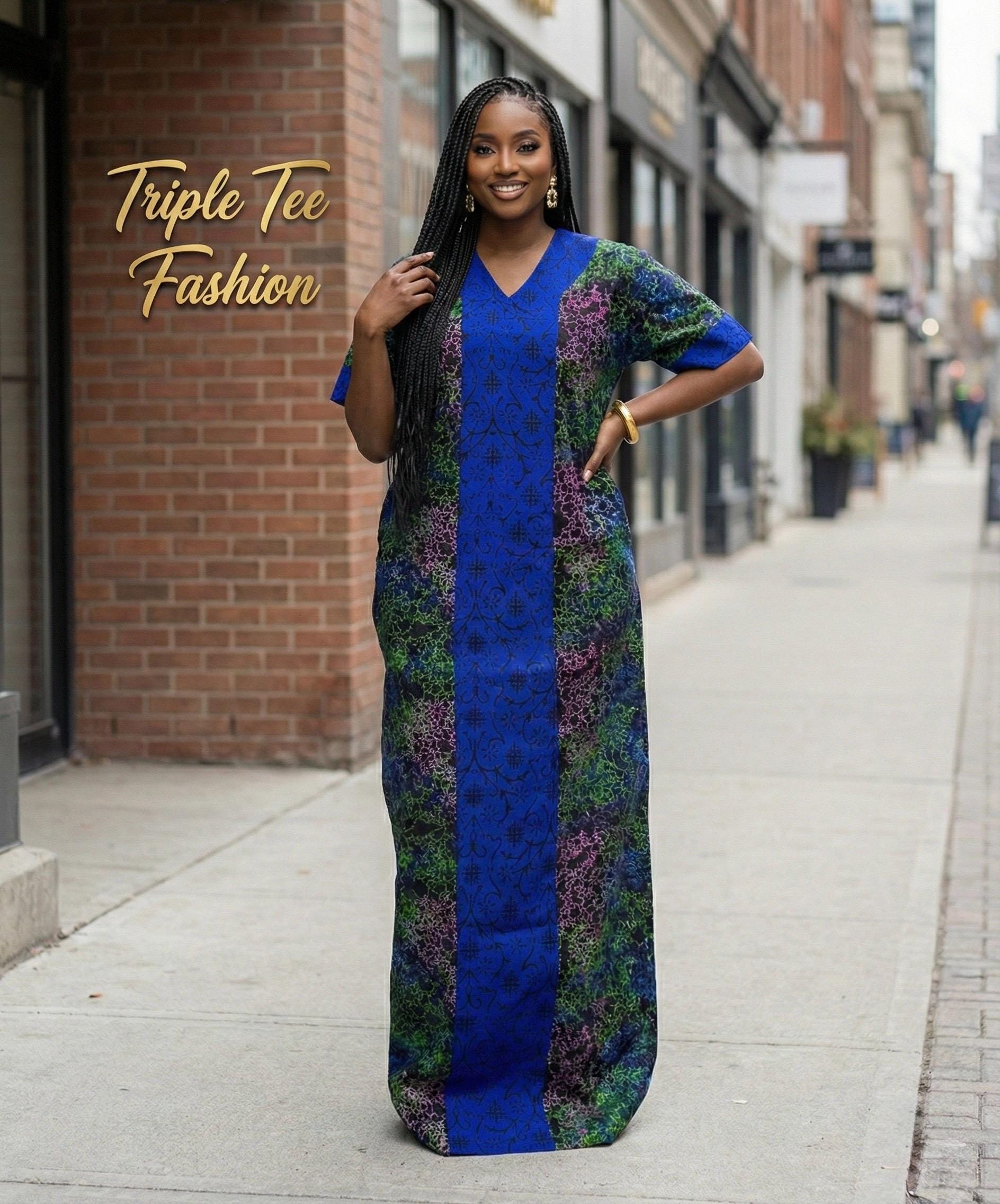 African Ankara Maxi Dress | Embroidered Cotton Kaftan with Matching Cap