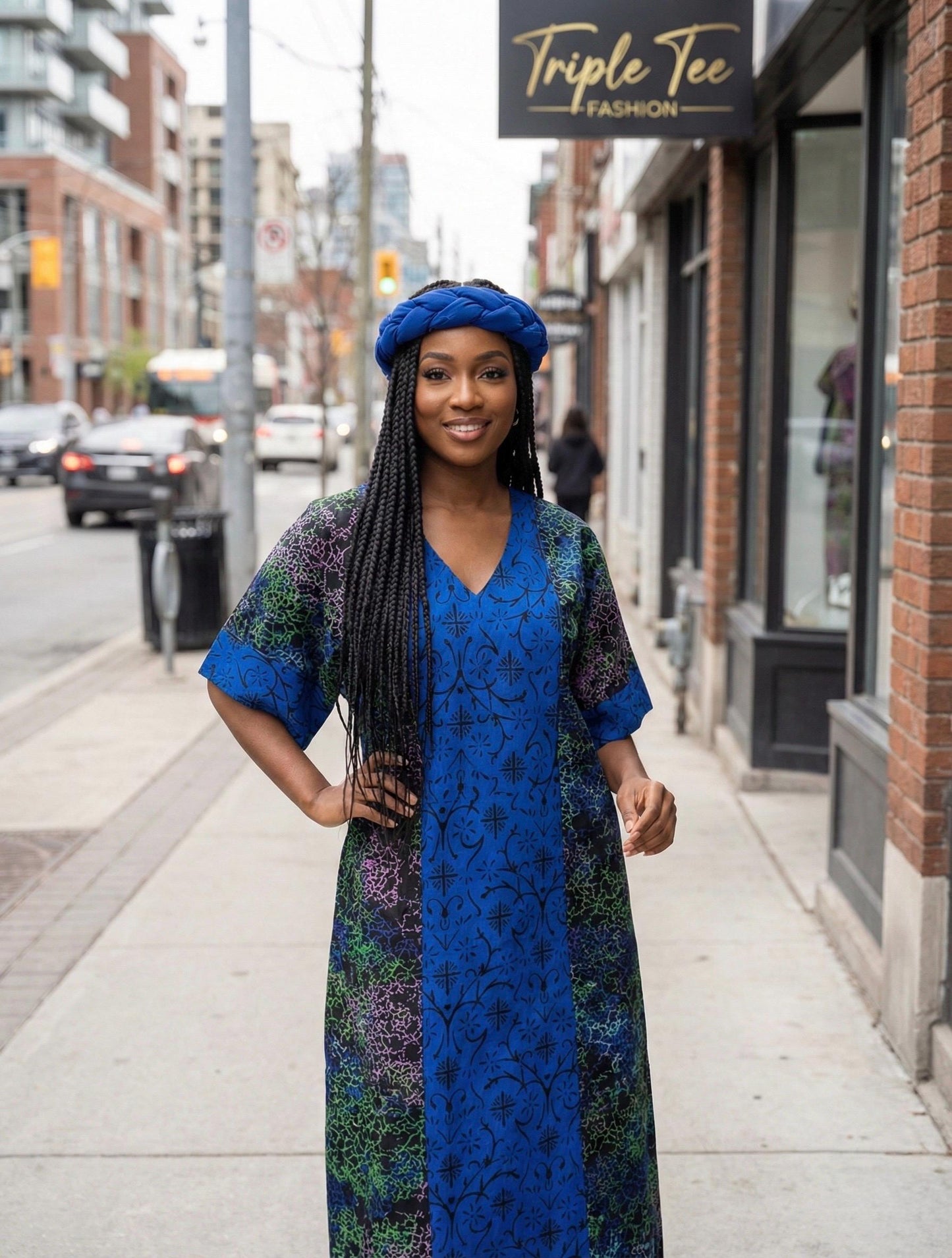 African Ankara Maxi Dress | Embroidered Cotton Kaftan with Matching Cap