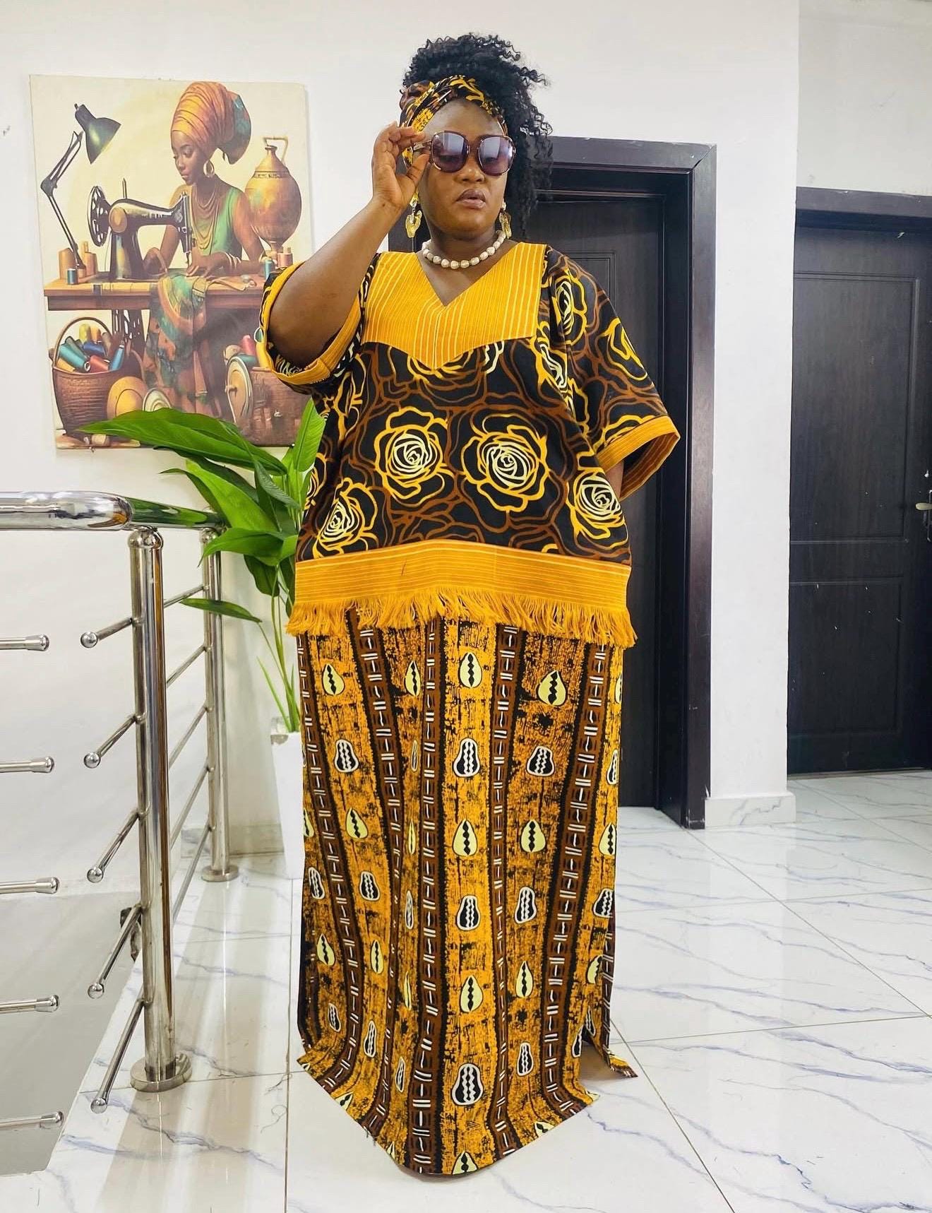Handmade Ankara Kaftan | Nigerian Print Dress with Headtie
