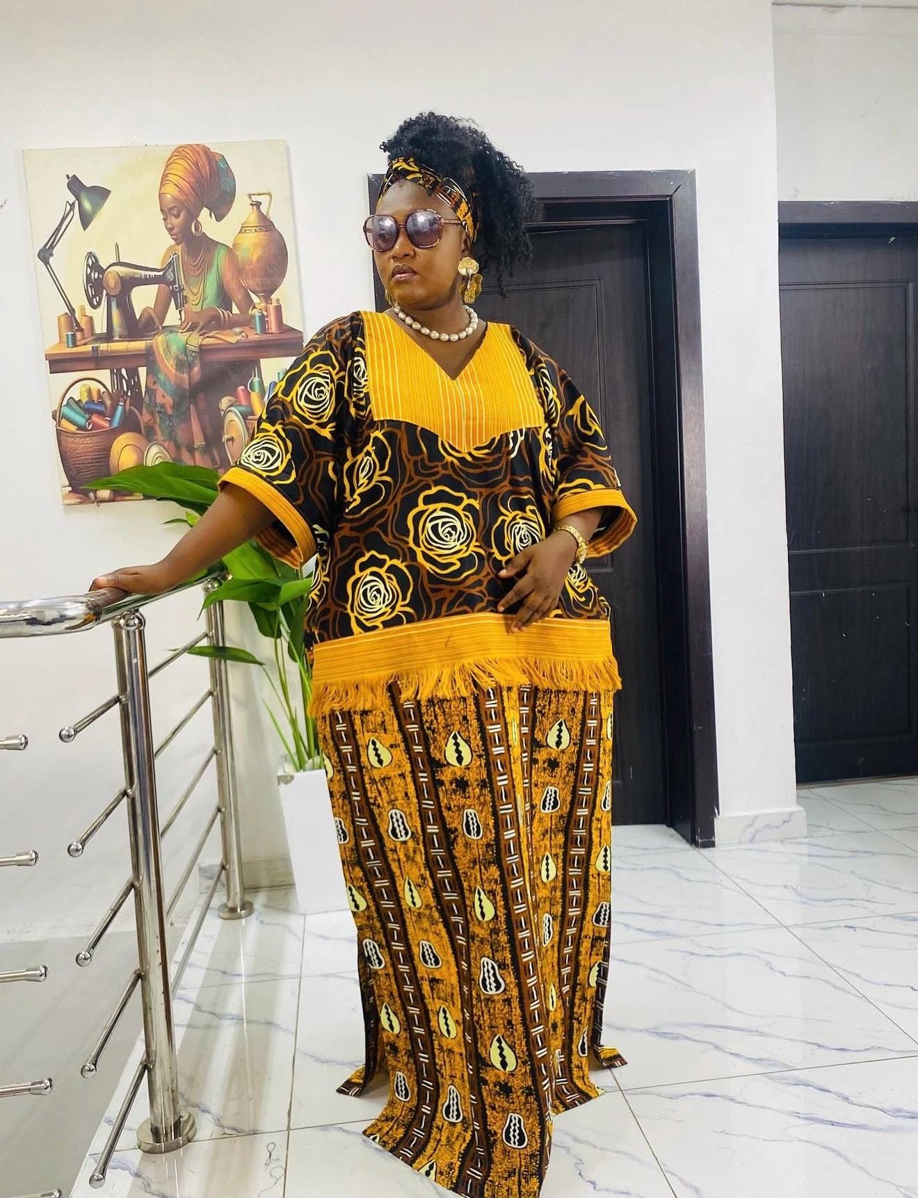 Handmade Ankara Kaftan | Nigerian Print Dress with Headtie