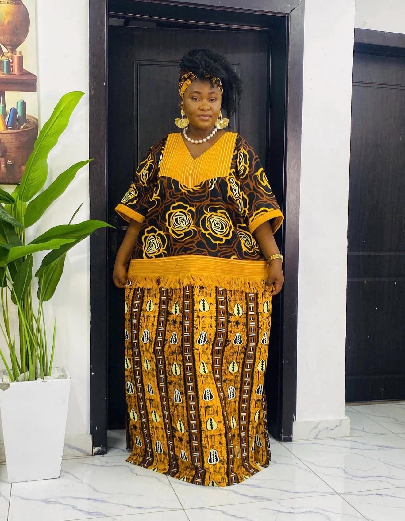 Handmade Ankara Kaftan | Nigerian Print Dress with Headtie