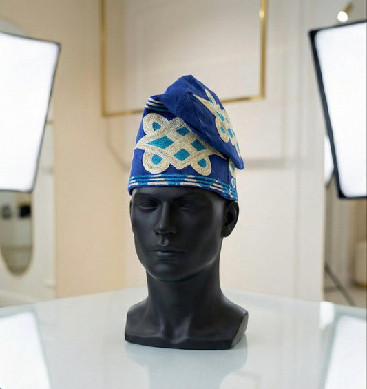 Embroidered Aso Oke Cap | Fila Ijebu, Nigerian Men's Hat (23 inches)
