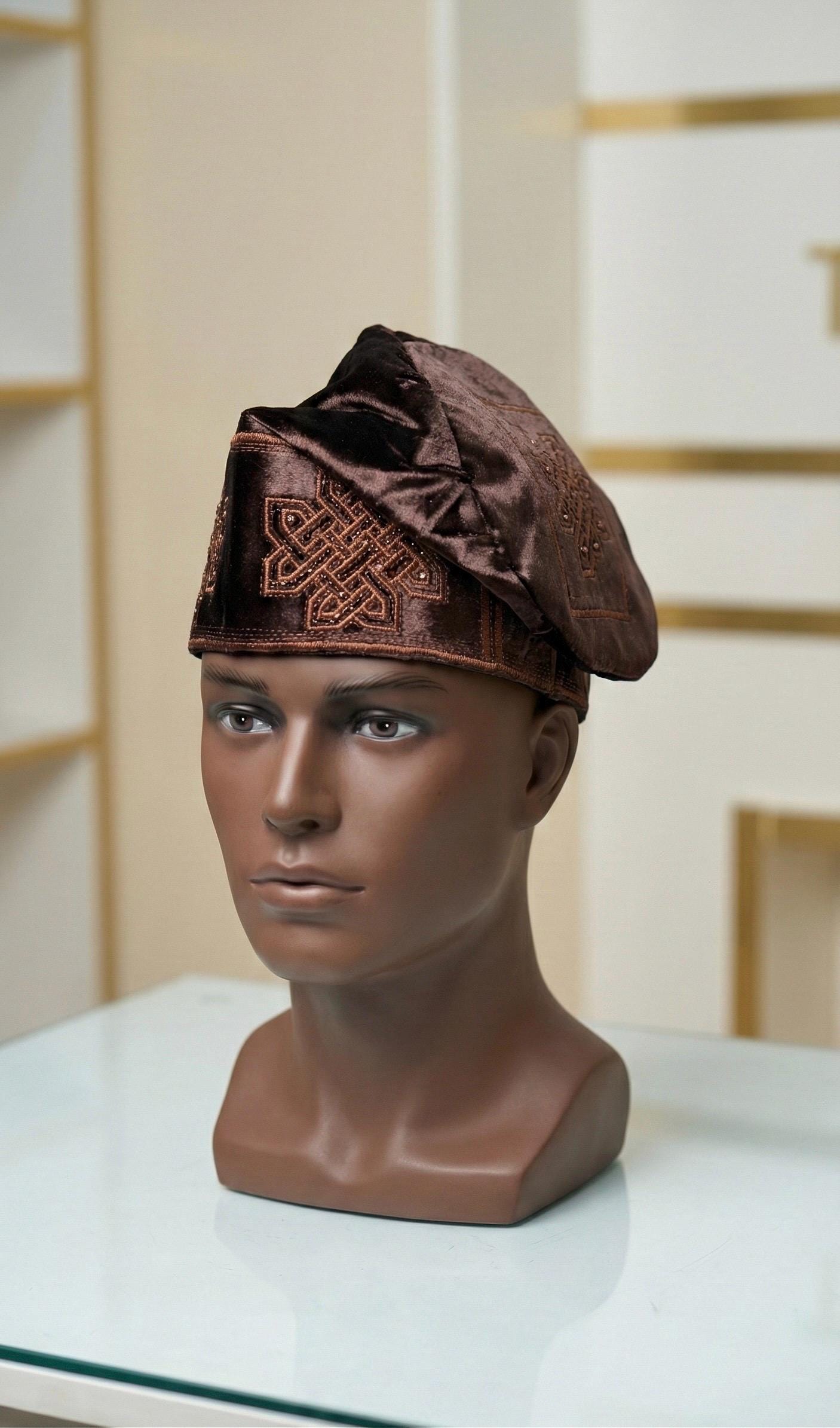 Embroidered Velvet Aso Oke Cap | Nigerian Fila Ijebu