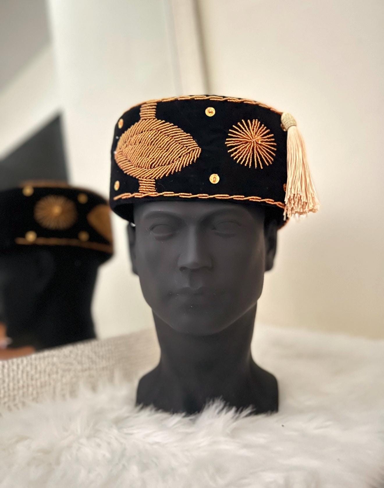 Handmade Velvet Beaded African Men's Cap | Nigerian Wedding