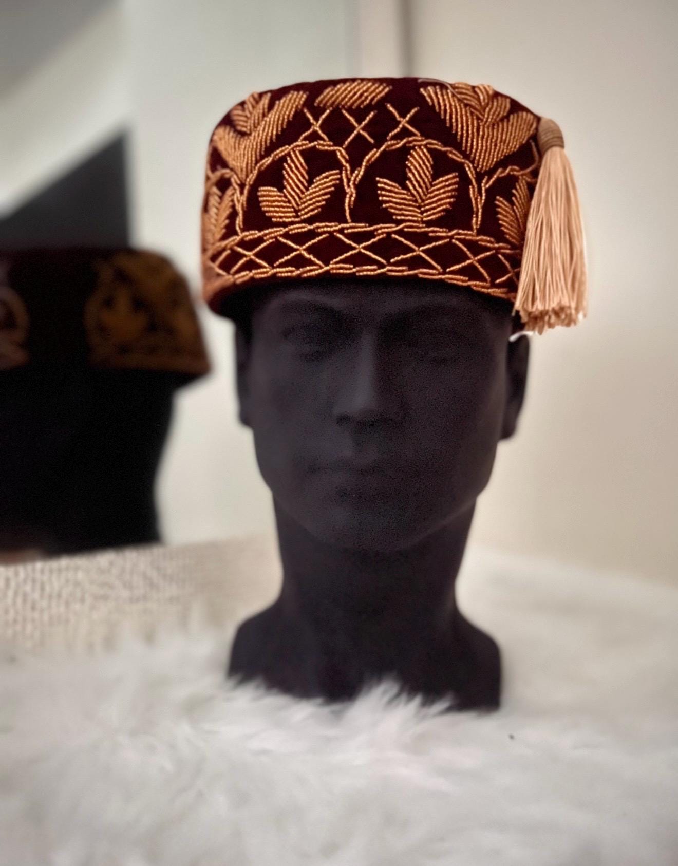 Handmade Velvet Beaded African Men's Cap | Nigerian Wedding