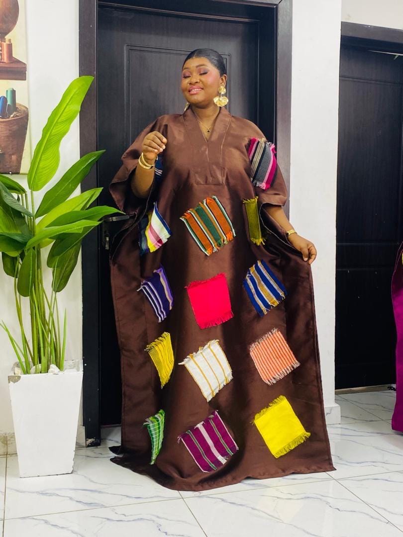 African Luxury Mikado Boubou with Aso-Oke Patchwork – One Size Fits All| Chocolate Brown Dress