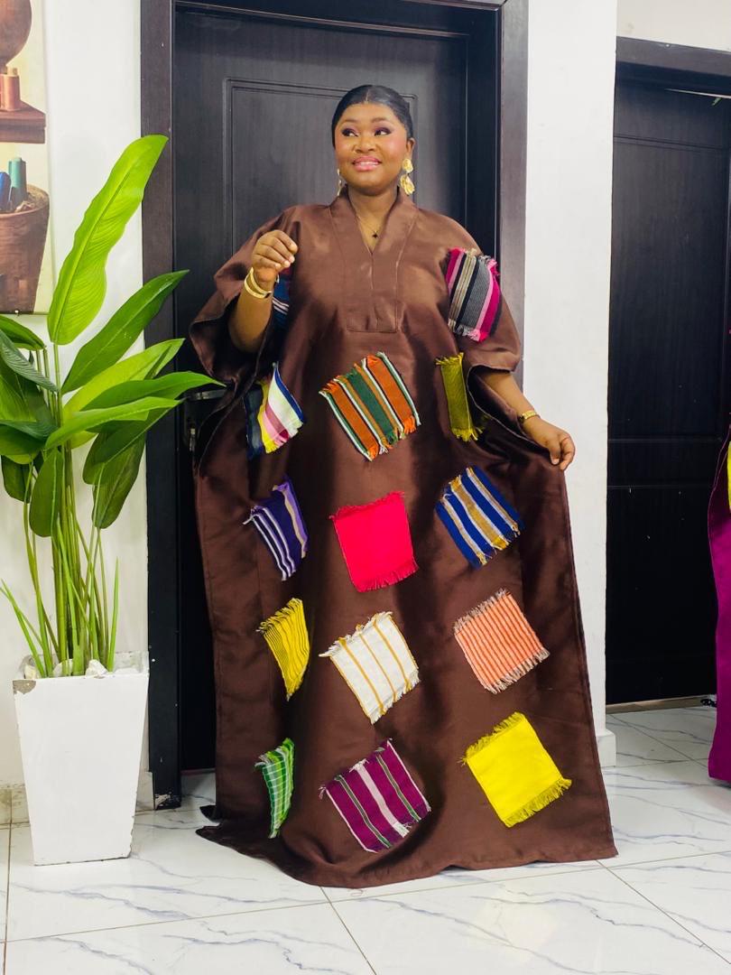 African Luxury Mikado Boubou with Aso-Oke Patchwork – One Size Fits All| Chocolate Brown Dress