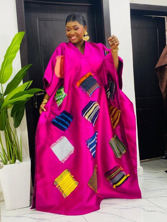 African Luxury Mikado Boubou with Aso-Oke Patchwork – One Size Fits All|Pink Dress