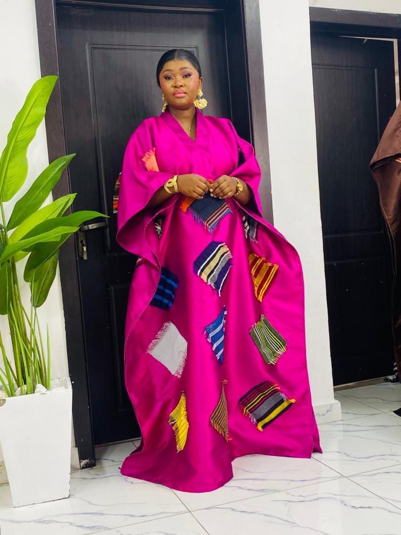 African Luxury Mikado Boubou with Aso-Oke Patchwork – One Size Fits All|Pink Dress