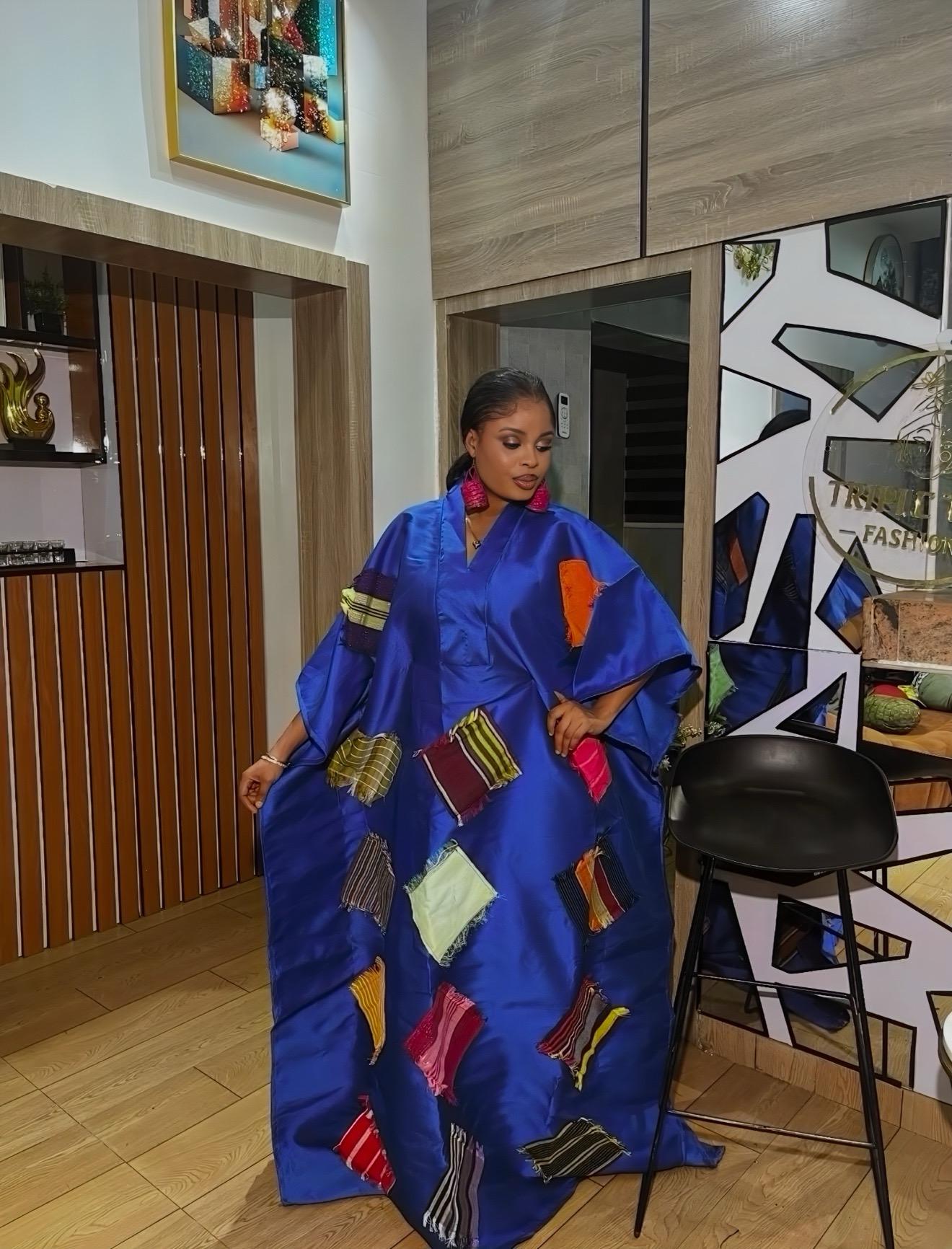 African Luxury Mikado Boubou with Aso-Oke Patchwork – One Size Fits All| Blue Maxi Dress