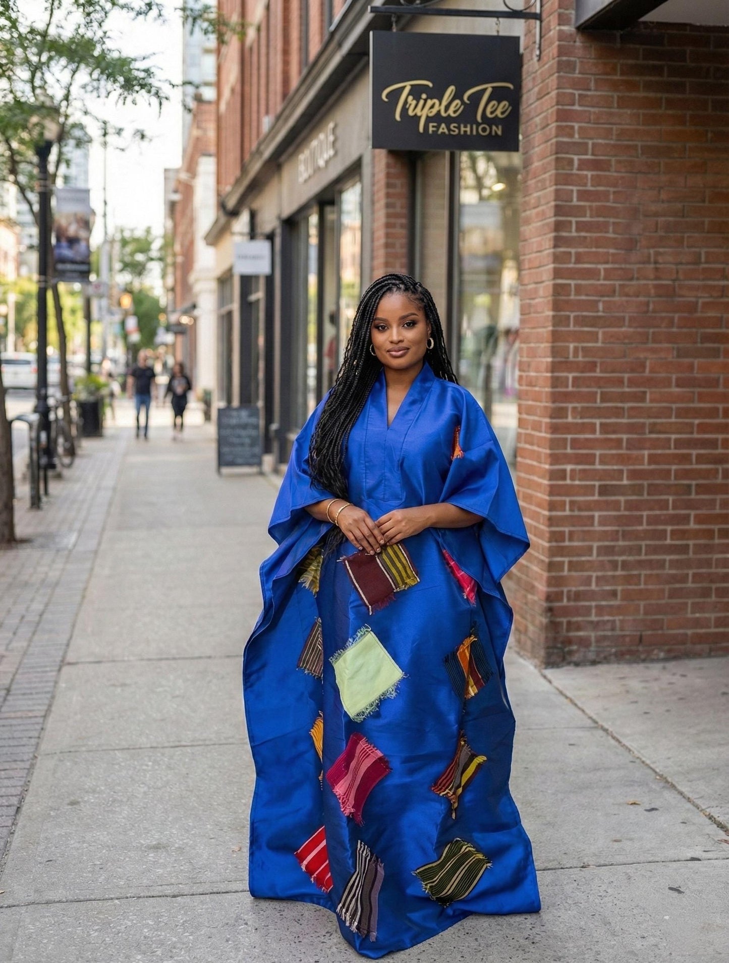African Luxury Mikado Boubou with Aso-Oke Patchwork – One Size Fits All| Blue Maxi Dress