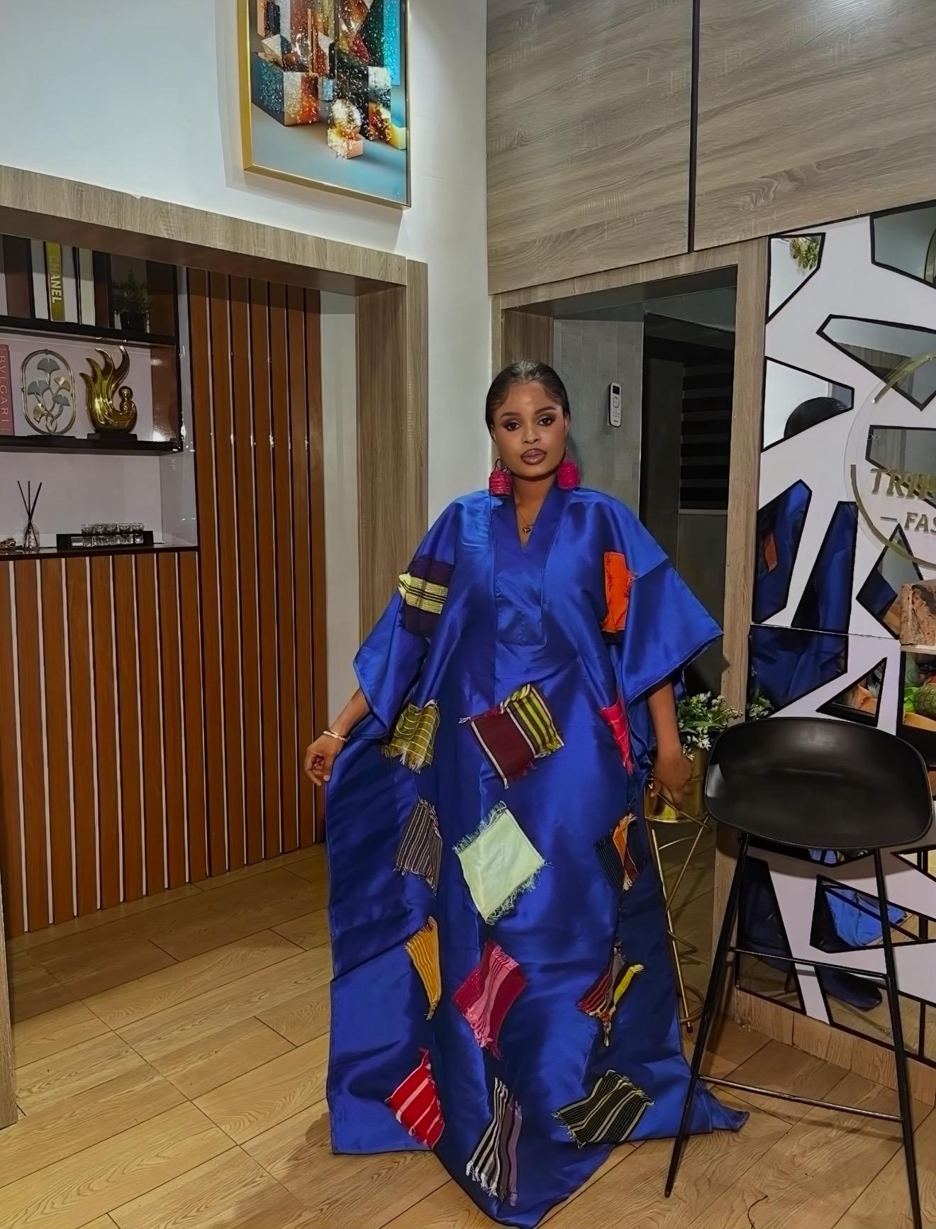 African Luxury Mikado Boubou with Aso-Oke Patchwork – One Size Fits All| Blue Maxi Dress