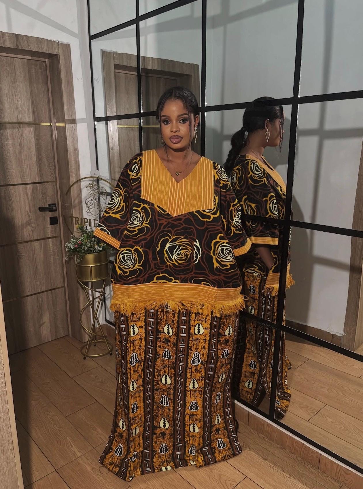 Handmade Ankara Kaftan | Nigerian Print Dress with Headtie