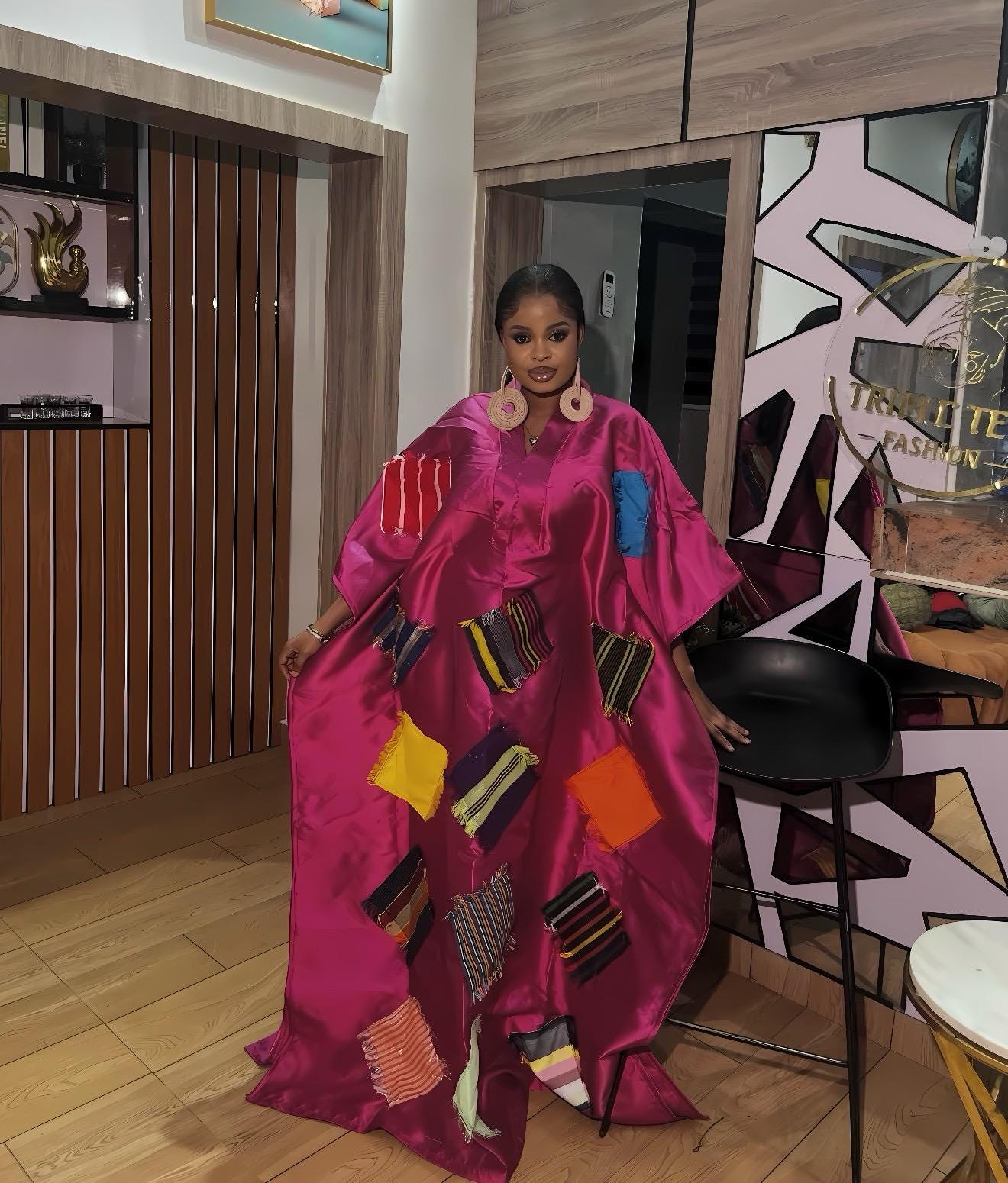 African Luxury Mikado Boubou with Aso-Oke Patchwork – One Size Fits All|Pink Dress