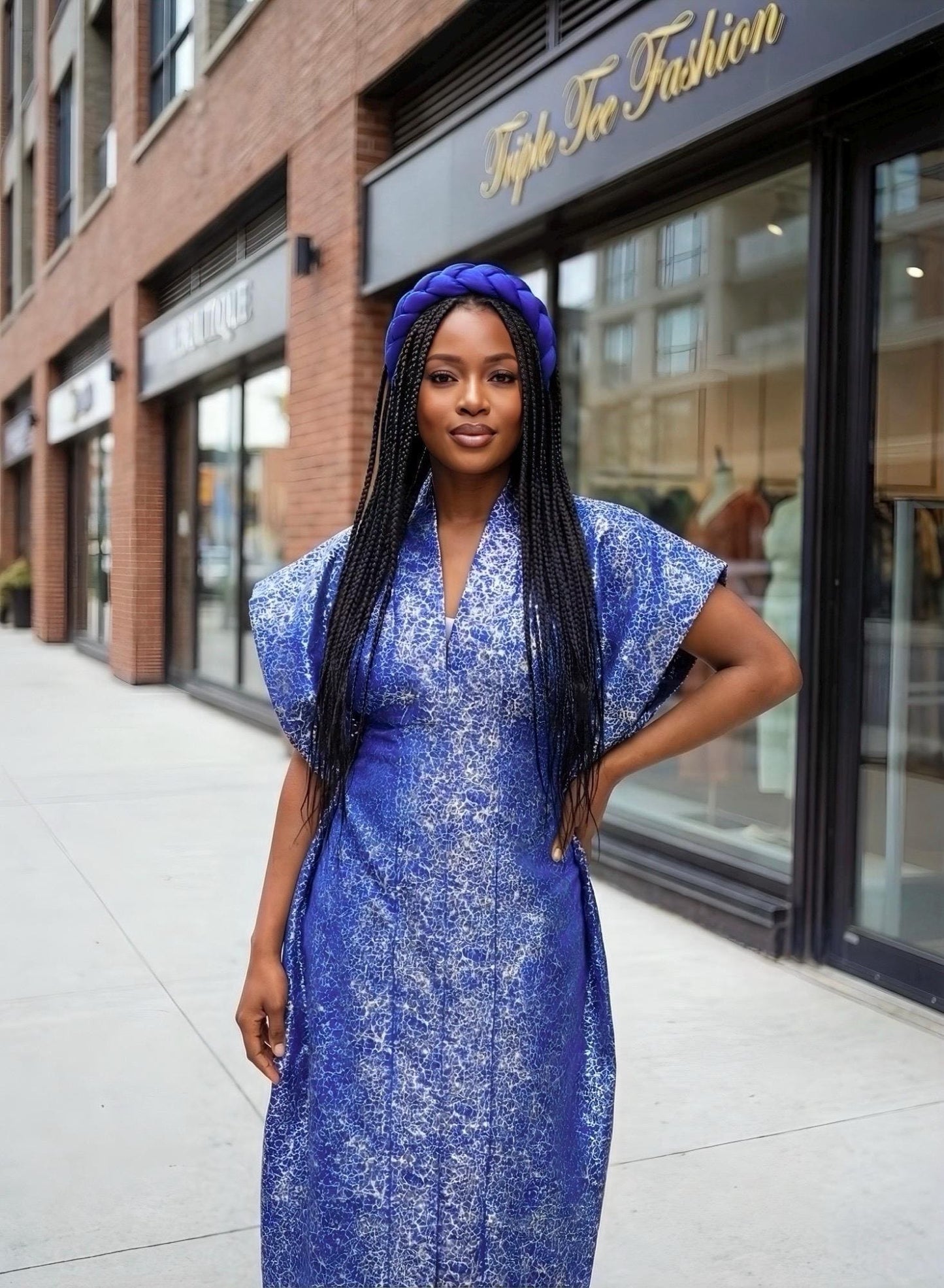 African Brocade Bubu Dress with Matching Scarf | One Size