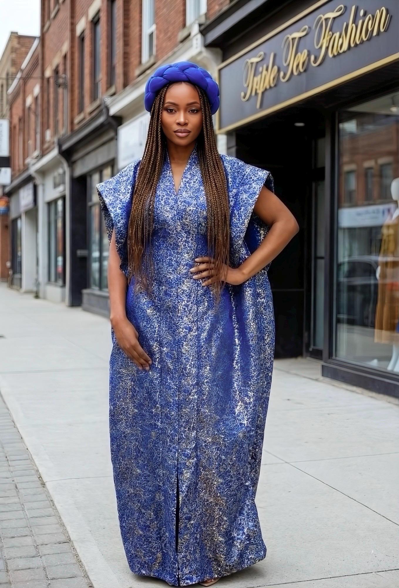 African Brocade Bubu Dress with Matching Scarf | One Size