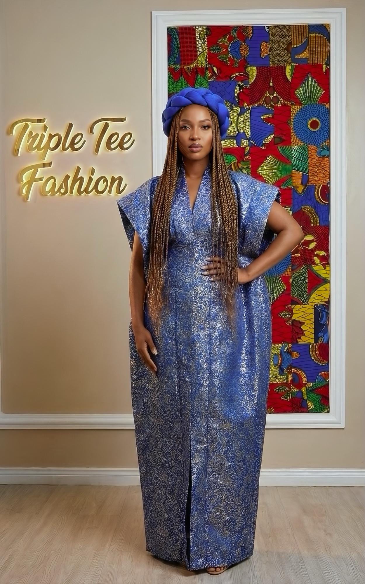 African Brocade Bubu Dress with Matching Scarf | One Size