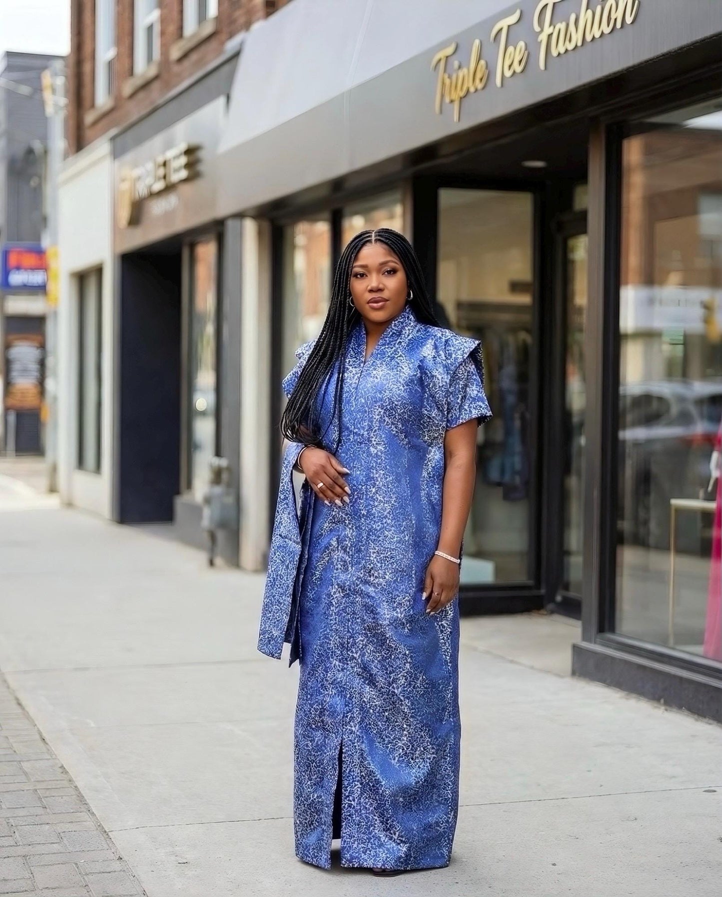 African Brocade Bubu Dress with Matching Scarf | One Size