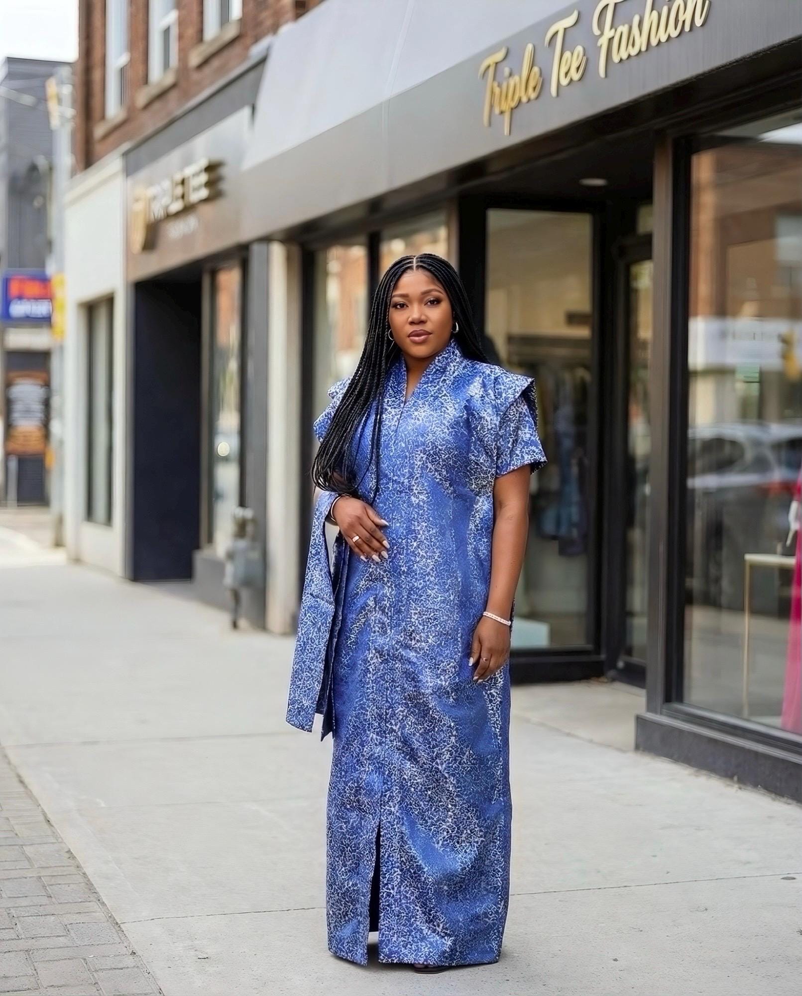African Brocade Bubu Dress with Matching Scarf | One Size