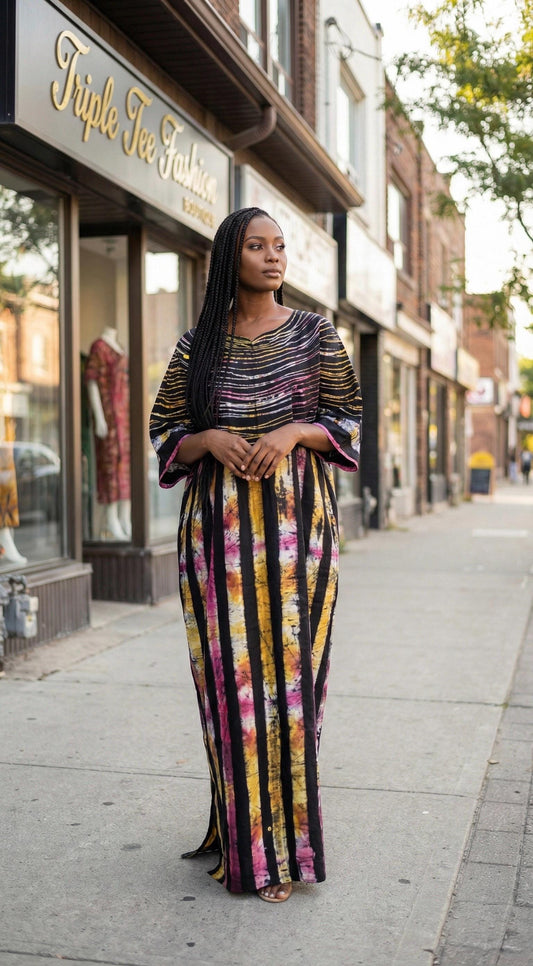 African Adire Brocade Boubou: Striped Cotton Kaftan with Scarf