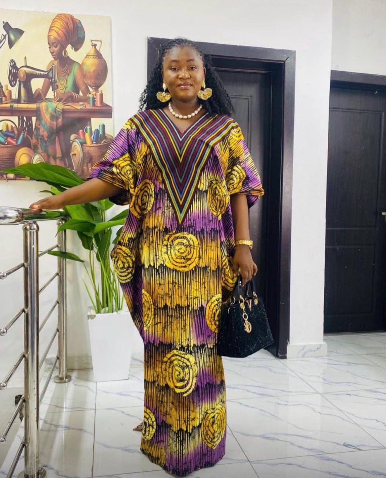 Handmade Ankara Kaftan | Nigerian Print Dress with Headtie