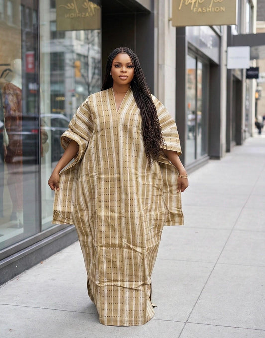 Handmade Aso Oke Boubou Gown | Nigerian Kaftan with Gold Scarf