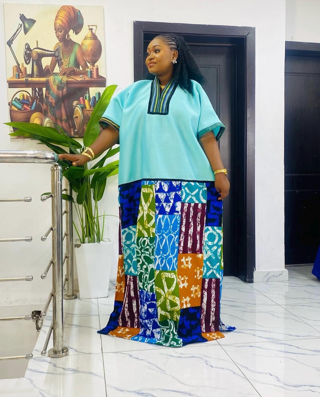 African Boubou Dress | Scuba Net Kaftan with Ankara Patchwork | Free Size Maxi Boubou | One Size Fits 2–20 | Luxury African Wear