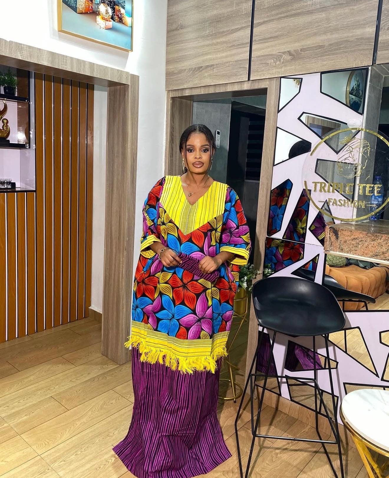 Handmade Ankara Kaftan | Nigerian Print Dress with Headtie