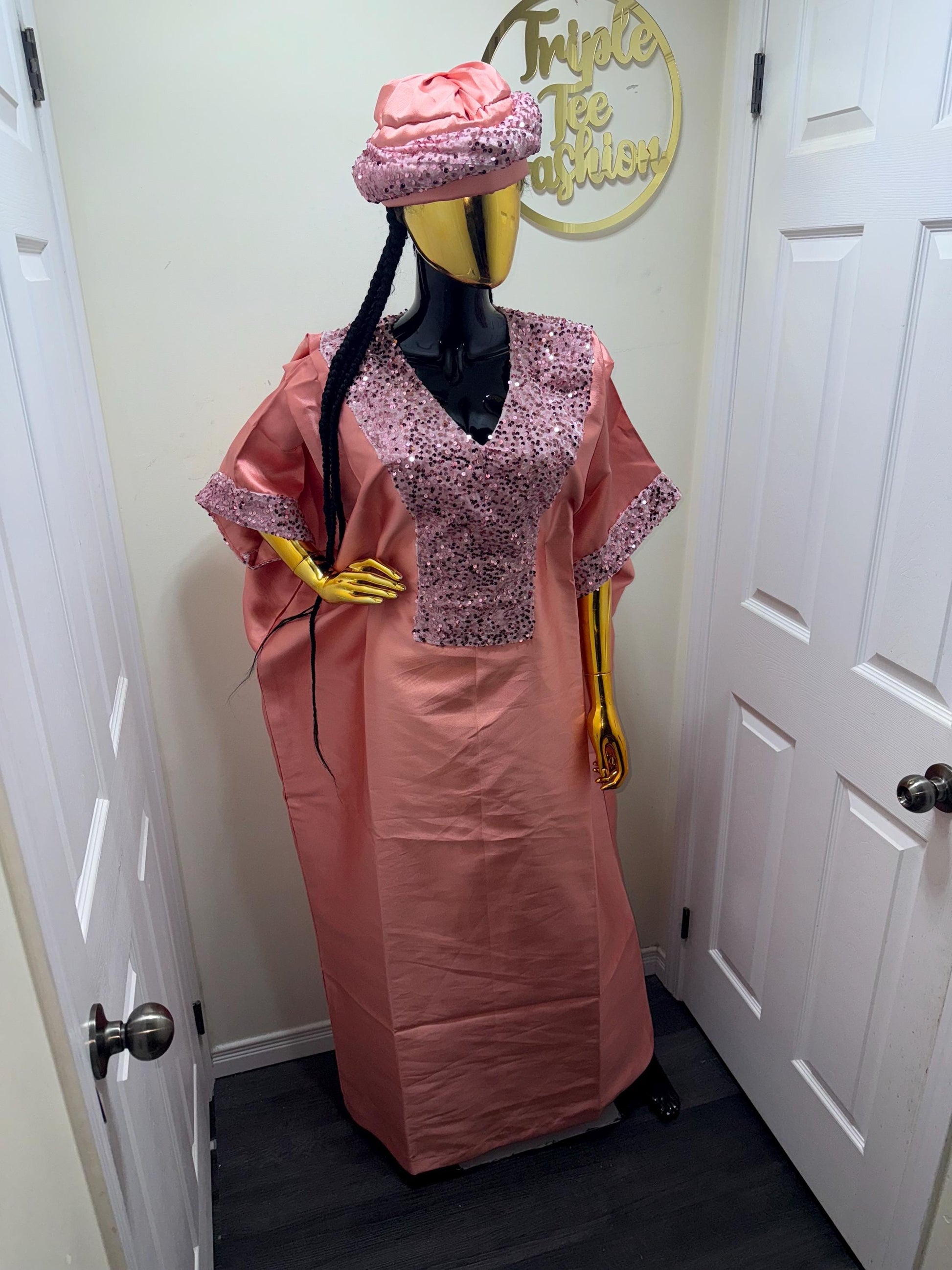 Peach Sequin Mikado Silk Boubou: African Kaftan Dress with Cap