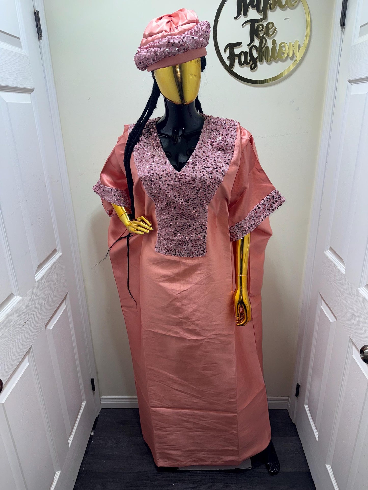 Peach Sequin Mikado Silk Boubou: African Kaftan Dress with Cap