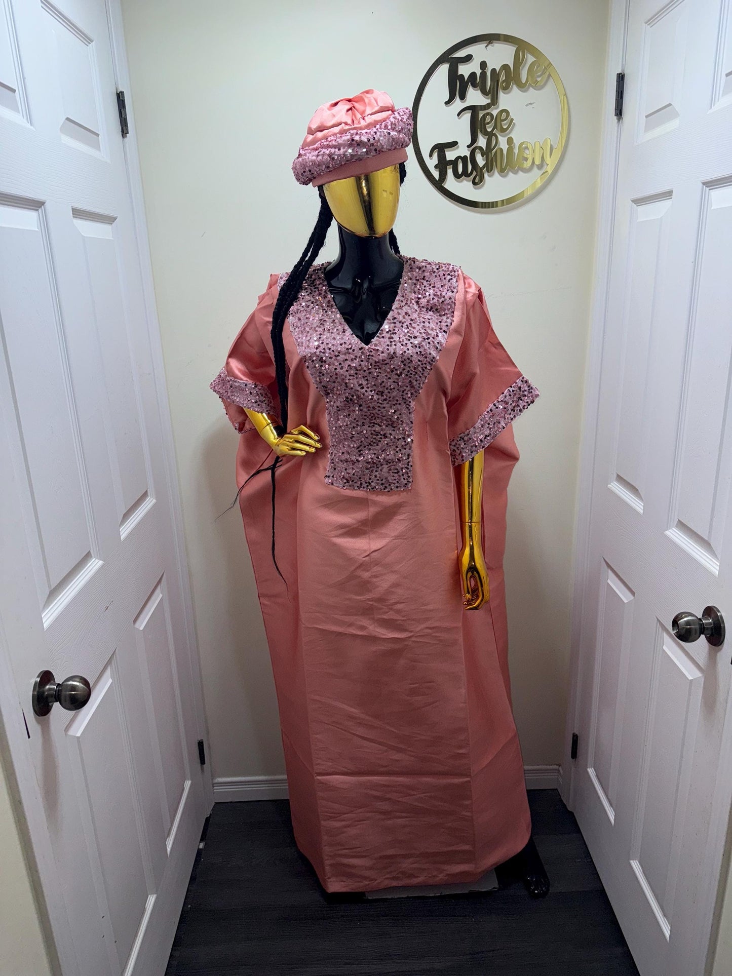 Peach Sequin Mikado Silk Boubou: African Kaftan Dress with Cap
