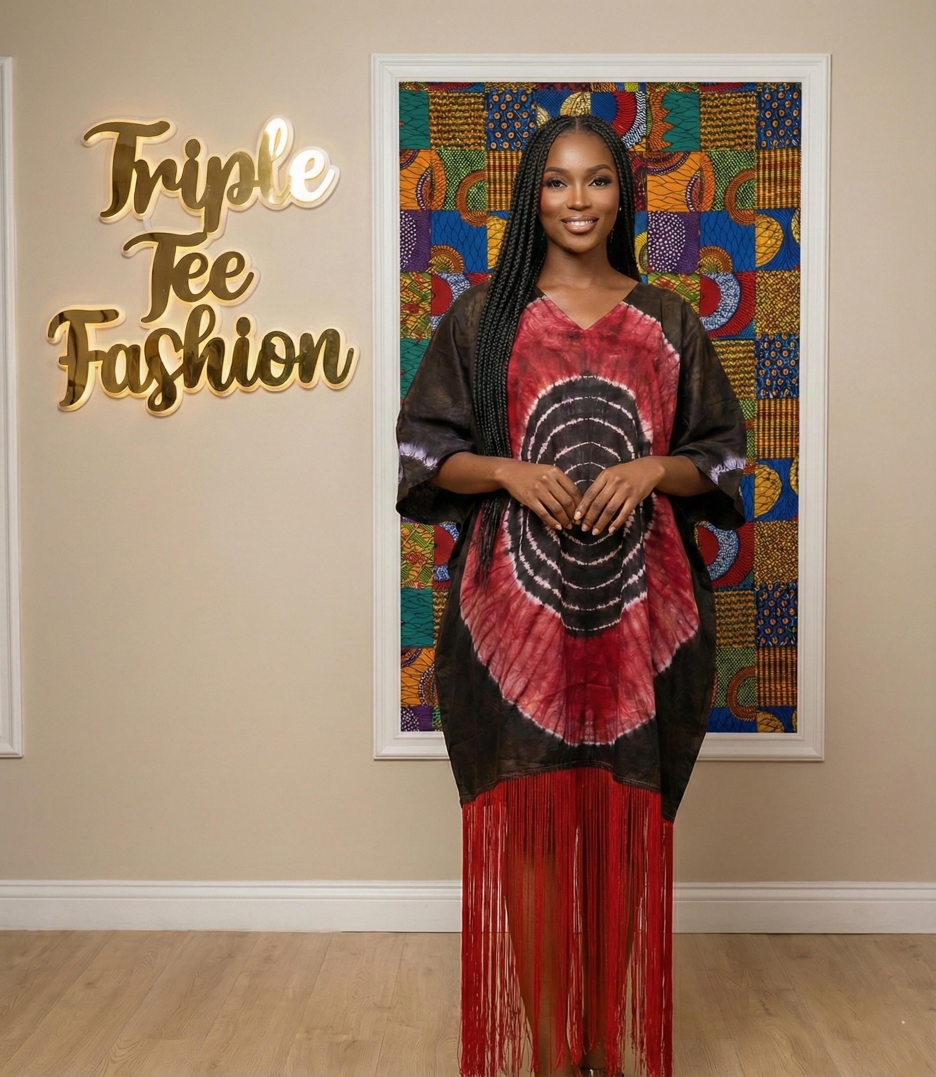 African Adire Fringe Kaftan Dress | Nigerian Boubou