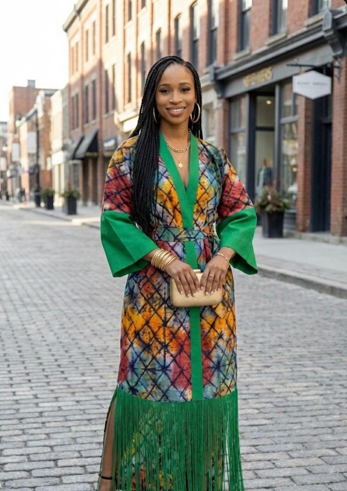 African Adire Fringe Kimono | Nigerian Cotton Kaftan, Boubou