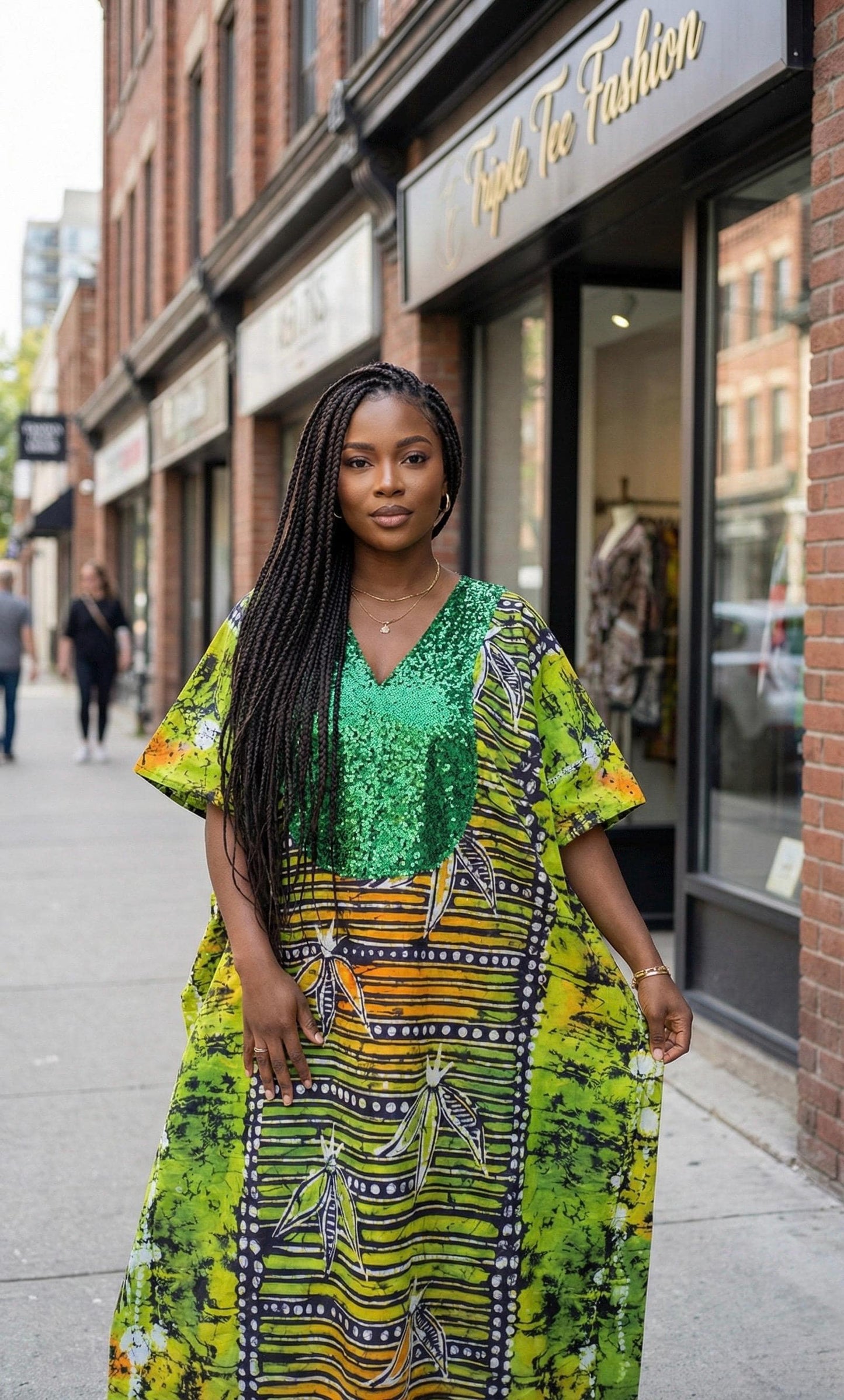African Print Kampala Kaftan: Adire Sequin Boubou Dress